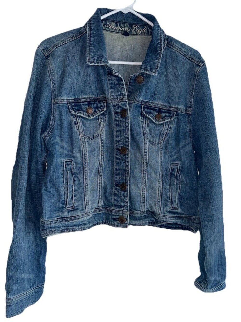 American Eagle Slightly Cropped Denim Jacket Sz XL Distressed Boho Western
